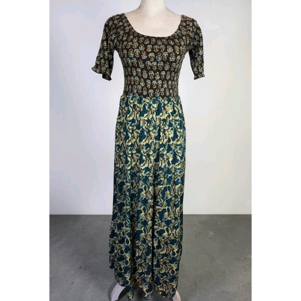 Natural Life Dress Size Medium Maxi Teal Brown Elastic Bust Short Sleeve